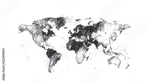 Fototapeta Naklejka Na Ścianę i Meble -  Hand-drawn sketch of world map, grayscale, textured.