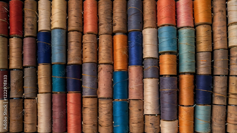 A collection of colorful thread spools in various sizes and patterns. A collection of colorful thread spools in various sizes and patterns.
