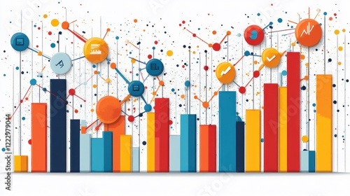 Colorful data visualization with bars and icons representing various metrics and statistics.