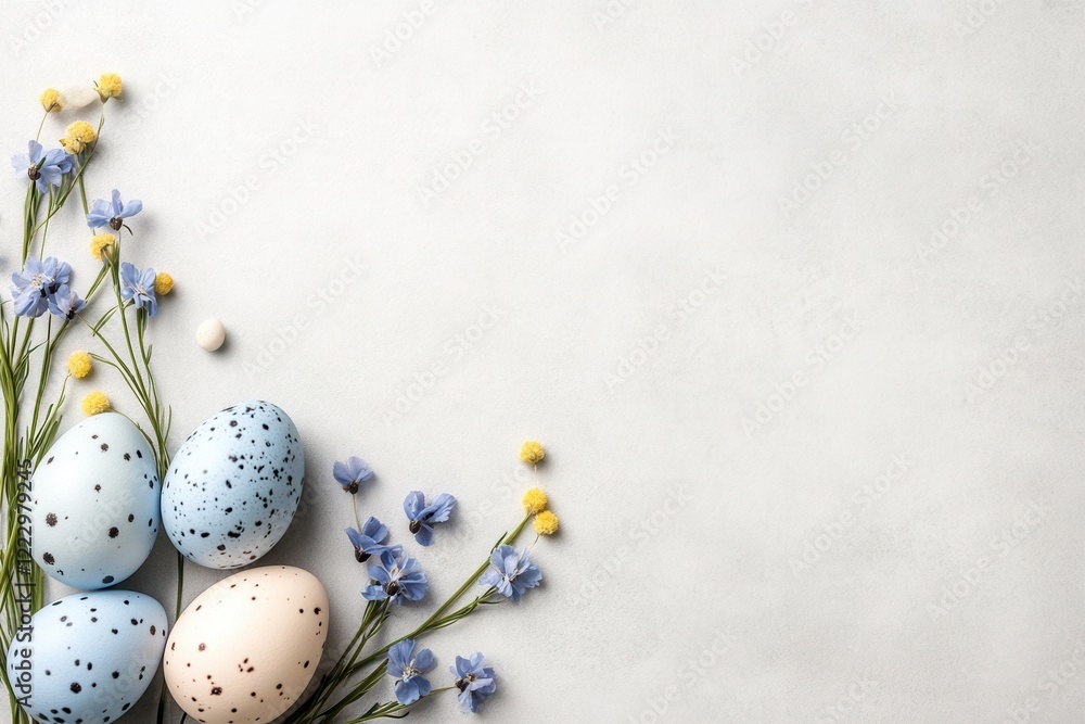 Easter eggs spring flowers on light background