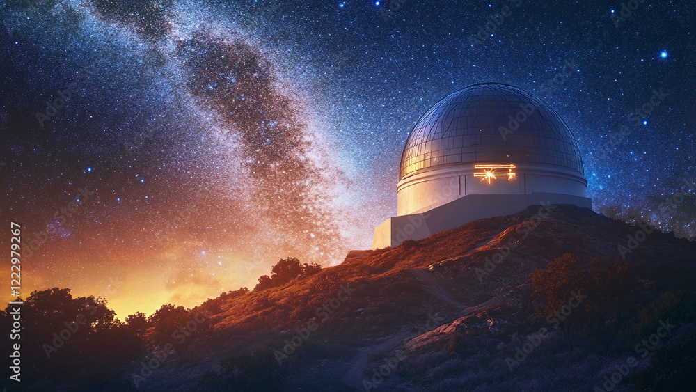 Domed Observatory on Remote Hill under Milky Way with Celestial Symbols Domed Observatory on Remote Hill under Milky Way with Celestial Symbols