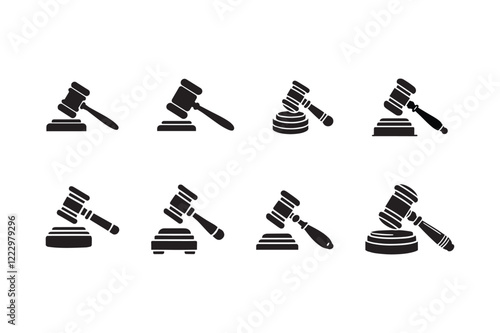 Gavel vector icon set in black and white filled and solid style