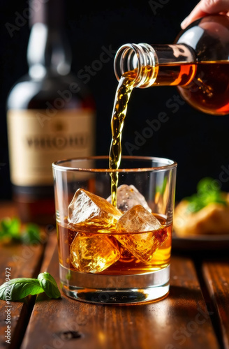 whiskey being poured into a glass with ice standing on a bar counter, bottles in the background