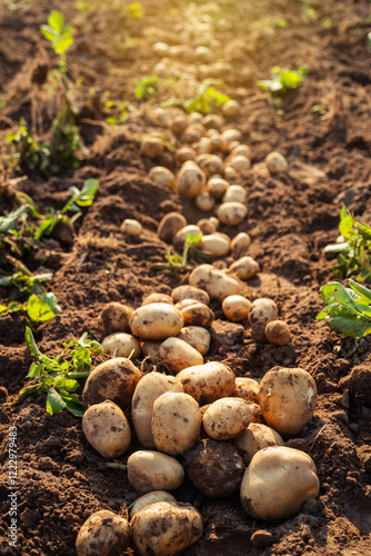 Fresh Potatoes on field.Harvesting organic potatoes.