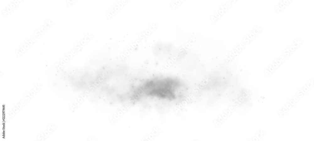 Fototapeta premium Transparent fog or smoke, grey smog cloud effect, with small pili particles, isolated transparent special effect. Vector illustration, fog, vapour, magic haze. 