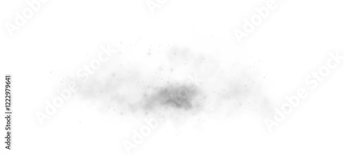 Transparent fog or smoke, grey smog cloud effect, with small pili particles, isolated transparent special effect. Vector illustration, fog, vapour, magic haze.	