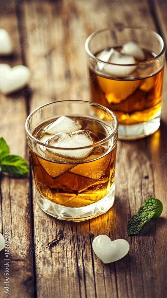 Enjoying refreshing drinks with ice and mint on a rustic wooden table Enjoying refreshing drinks with ice and mint on a rustic wooden table