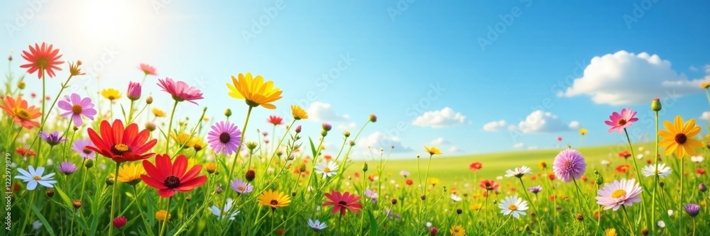 colorful wildflowers in a meadow under sunny sky, meadow, field, sunshine colorful wildflowers in a meadow under sunny sky, meadow, field, sunshine