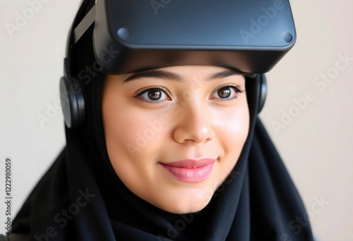 Young Muslim woman with black hijab headscarf using a VR (Virtual Reality) headset photo