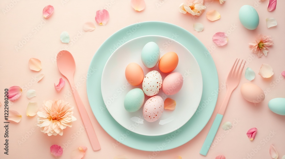 Pastel Easter Eggs on a Plate with Pink and Mint Decor Pastel Easter Eggs on a Plate with Pink and Mint Decor