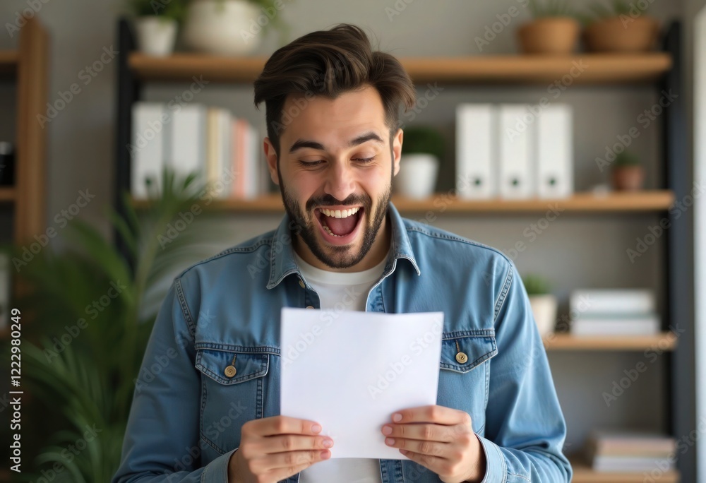 Young man excitedly reading university acceptance letter