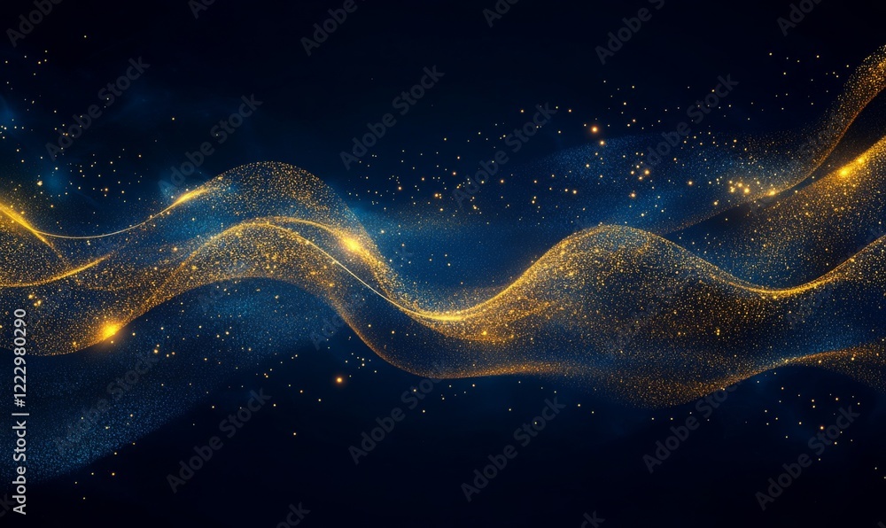 A luxury abstract background featuring flowing golden waves and sparkling particles against a dark blue backdrop creates an elegant and futuristic effect.