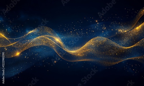 A luxury abstract background featuring flowing golden waves and sparkling particles against a dark blue backdrop creates an elegant and futuristic effect.  