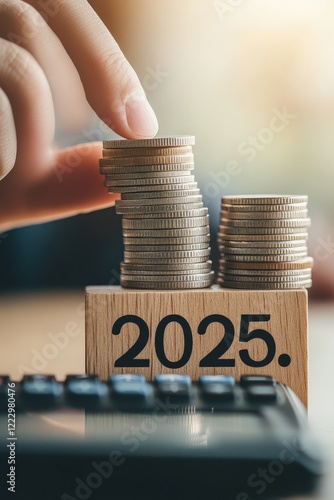 Wallpaper Mural Coins stacked for financial growth with wooden block marked 2025. Calculator and investment strategy illustration for future savings and wealth management planning. Torontodigital.ca