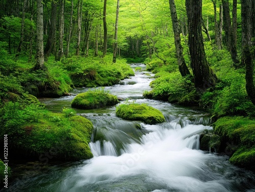 Lush green forest with a flowing stream and moss covered rocks creating a peaceful landscape