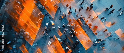 Crowd of people walking in an urban city street with modern architecture and vibrant colors, showcasing urban lifestyle, city life, and social interaction.