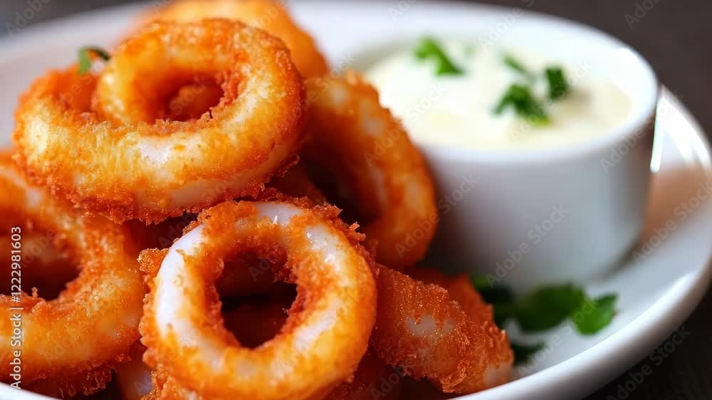 Crispy golden fried calamari rings served on a white plate with a side of creamy dipping sauce, garnished with fresh herbs, creating a delicious appetizer presentation Crispy golden fried calamari rings served on a white plate with a side of creamy dipping sauce, garnished with fresh herbs, creating a delicious appetizer presentation