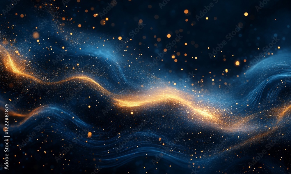 A luxurious abstract background featuring flowing golden waves and sparkling particles against a dark blue backdrop.