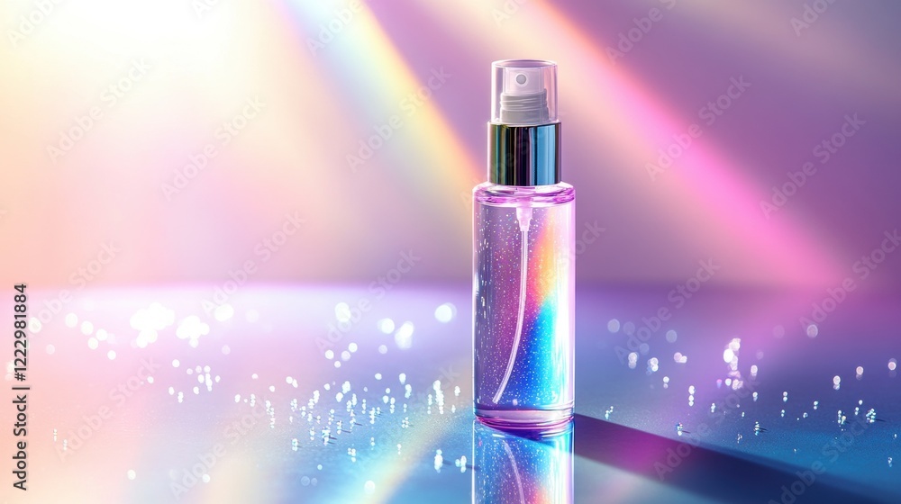 Colorful perfume bottle with sparkles and light reflections on glass surface Colorful perfume bottle with sparkles and light reflections on glass surface