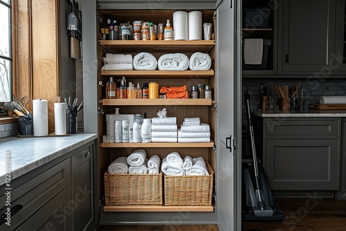 Organized linen and cleaning supply closet with neatly stacked towels and toiletries