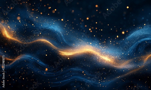 Obraz na płótnie A luxurious abstract background featuring flowing golden waves and sparkling particles against a dark blue backdrop. w salonie