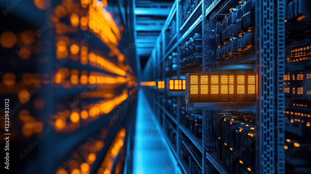 Data center, IT infrastructure with illuminated server racks and cables, showcasing high-tech digital storage and information processing technology.