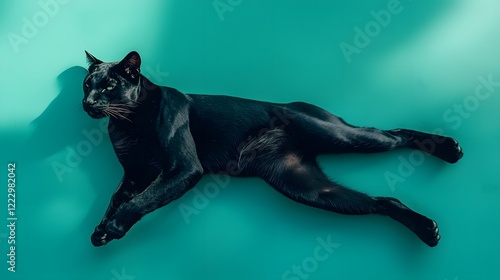 25. A sleek black panther lounging centrally on a pastel teal background photo