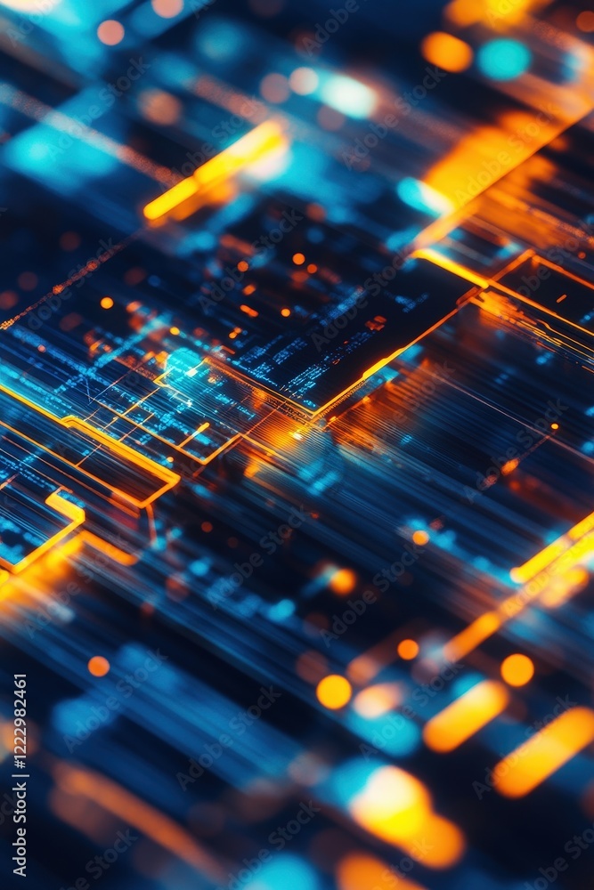 Digital abstract background with bright blue and orange lines, glowing circuit patterns, and technological data visualization for innovation, networking, and computing solutions. Digital abstract background with bright blue and orange lines, glowing circuit patterns, and technological data visualization for innovation, networking, and computing solutions.