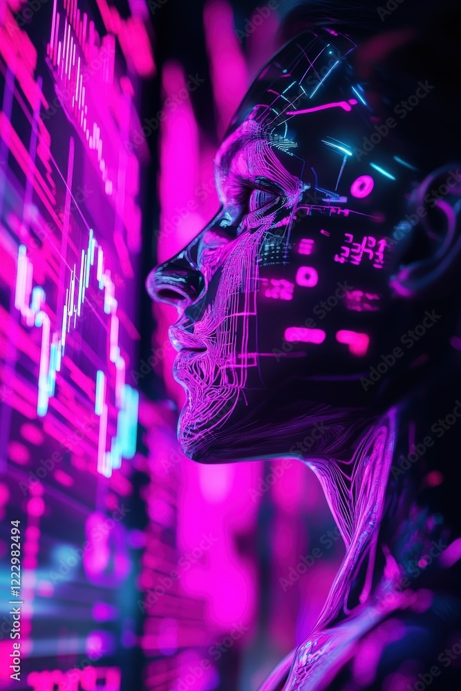 Digital analysis featuring a futuristic profile against glowing financial data and charts. Visual representation of technology in finance, trading, and data forecasting. Digital analysis featuring a futuristic profile against glowing financial data and charts. Visual representation of technology in finance, trading, and data forecasting.