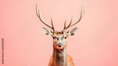 22. A regal deer with antlers positioned centrally on a pastel coral background photo