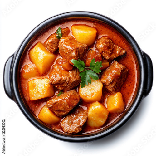 Delicious beef stew with tender meat and hearty potatoes in a rich sauce. photo