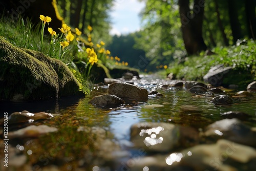Wallpaper Mural Serene Forest Stream, tranquil water flowing over mossy rocks, lush greenery surrounding, inviting atmosphere, immersive perspective, deep natural beauty Torontodigital.ca