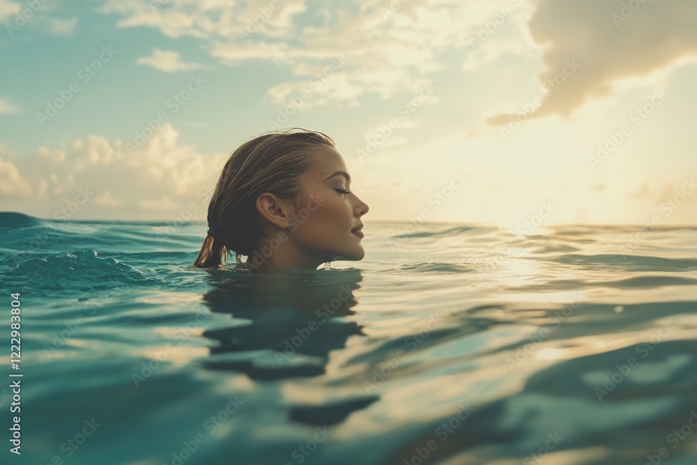 Woman floating in ocean at sunset Woman floating in ocean at sunset