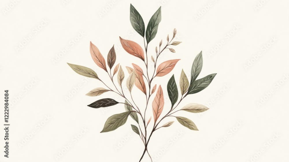 Naklejka premium Watercolor painting of muted green and peach leaves and branches.