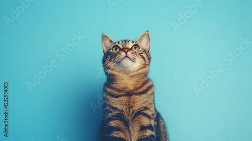 4. A curious tabby cat sitting centrally on a pastel blue background photo