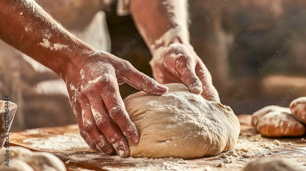Hands Kneading Dough on a Rustic Wooden Table with Flour Hands Kneading Dough on a Rustic Wooden Table with Flour