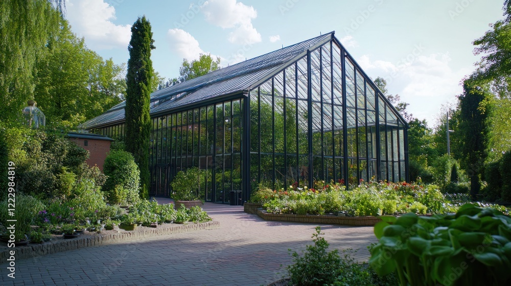 Glass Greenhouse with Lush Vegetation and Brick Pathway on a Sunny Day Glass Greenhouse with Lush Vegetation and Brick Pathway on a Sunny Day