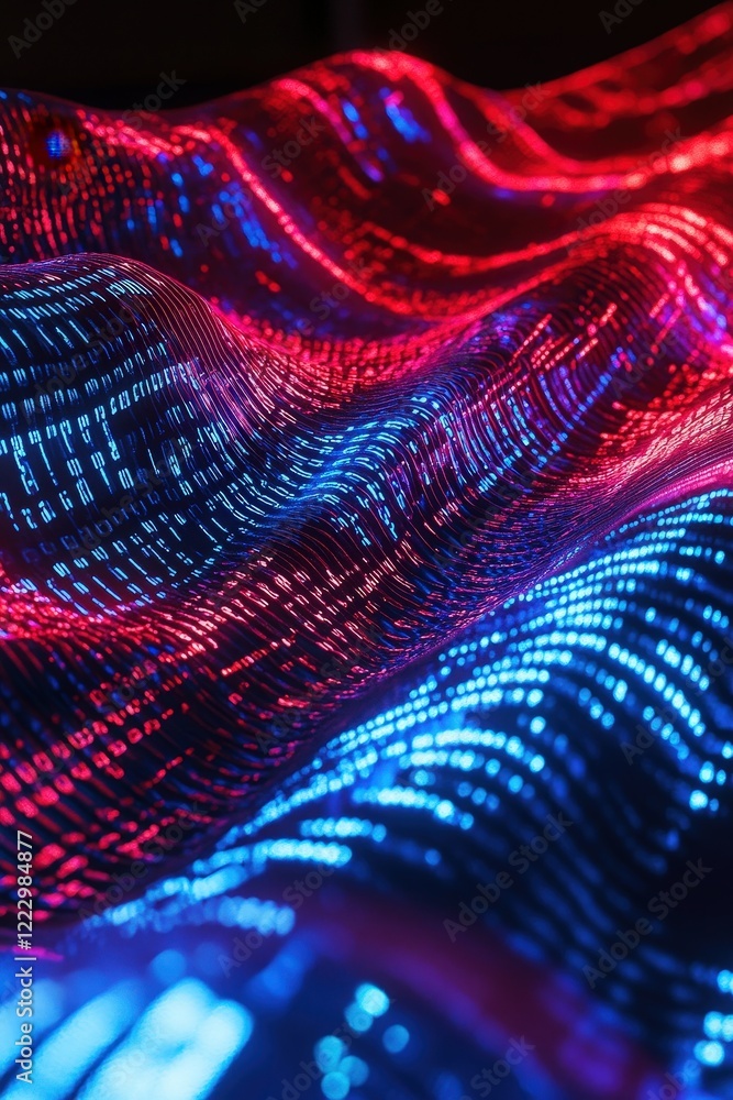 Digital wave patterns in vibrant red and blue colors showcasing abstract technology, data flow and futuristic concepts in a mesmerizing visual display. Digital wave patterns in vibrant red and blue colors showcasing abstract technology, data flow and futuristic concepts in a mesmerizing visual display.