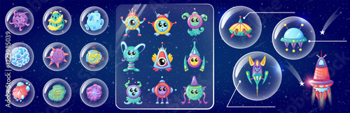 A collection of playful alien characters enclosed in bubbles, showcasing different colors and designs against a starry cosmic backdrop. Each character has a unique appearance and expression.