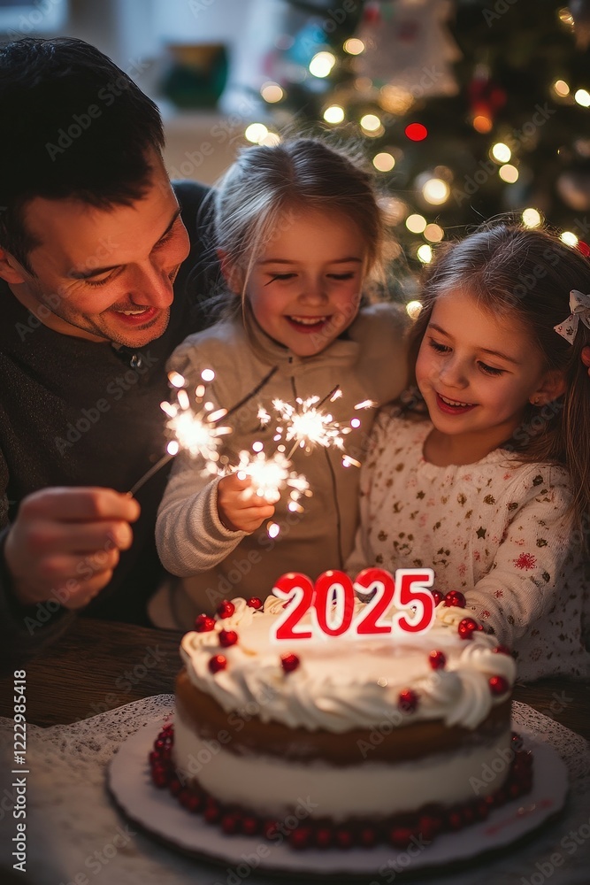 Family celebration with cake and sparklers, welcoming New Year 2025 in a cozy home, creating joyful memories surrounded by Christmas decorations. Family celebration with cake and sparklers, welcoming New Year 2025 in a cozy home, creating joyful memories surrounded by Christmas decorations.