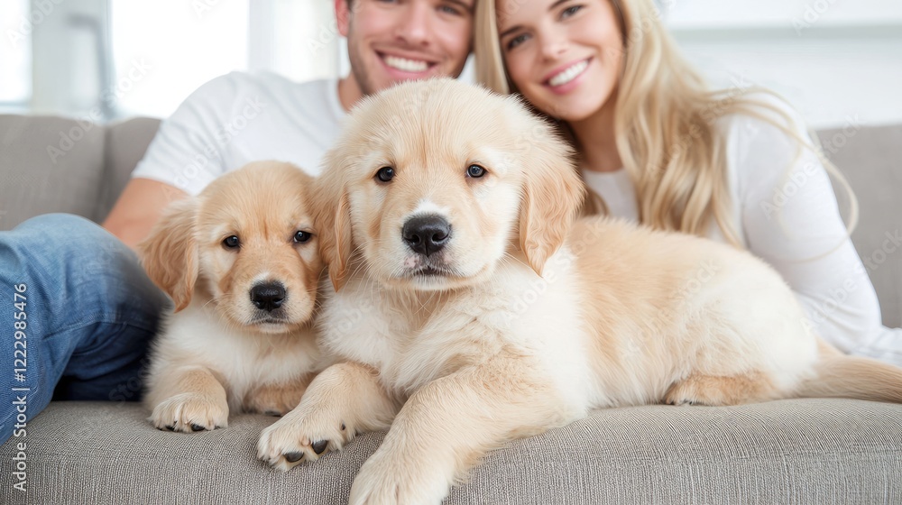 Happy couple cuddling golden retriever puppies on sofa at home Happy couple cuddling golden retriever puppies on sofa at home