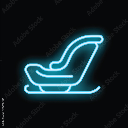 Neon blue christmas sleigh icon glowing on black background, perfect for winter holidays projects