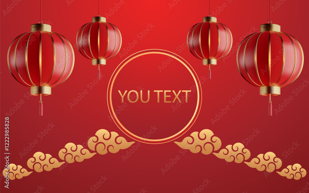Red lanterns are suspended against a rich, warm background adorned with golden cloud patterns, setting an inviting atmosphere for a cultural celebration or event. Red lanterns are suspended against a rich, warm background adorned with golden cloud patterns, setting an inviting atmosphere for a cultural celebration or event.