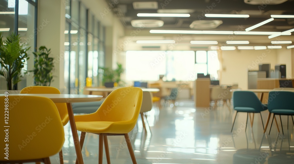 Modern office interior designed with yellow chairs and ample natural light offers a bright workspace that enhances productivity and creativity for professionals at work Modern office interior designed with yellow chairs and ample natural light offers a bright workspace that enhances productivity and creativity for professionals at work
