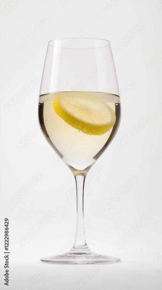 refreshing glass of sparkling water with single lemon slice floating inside against clean white background refreshing glass of sparkling water with single lemon slice floating inside against clean white background