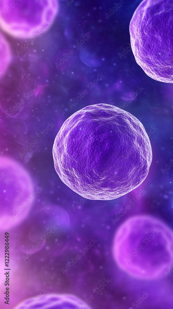 Microscopic view of purple glowing cells or molecular structures floating in dark space, scientific visualization with ethereal lighting and depth effect creates mystical atmosphere Microscopic view of purple glowing cells or molecular structures floating in dark space, scientific visualization with ethereal lighting and depth effect creates mystical atmosphere