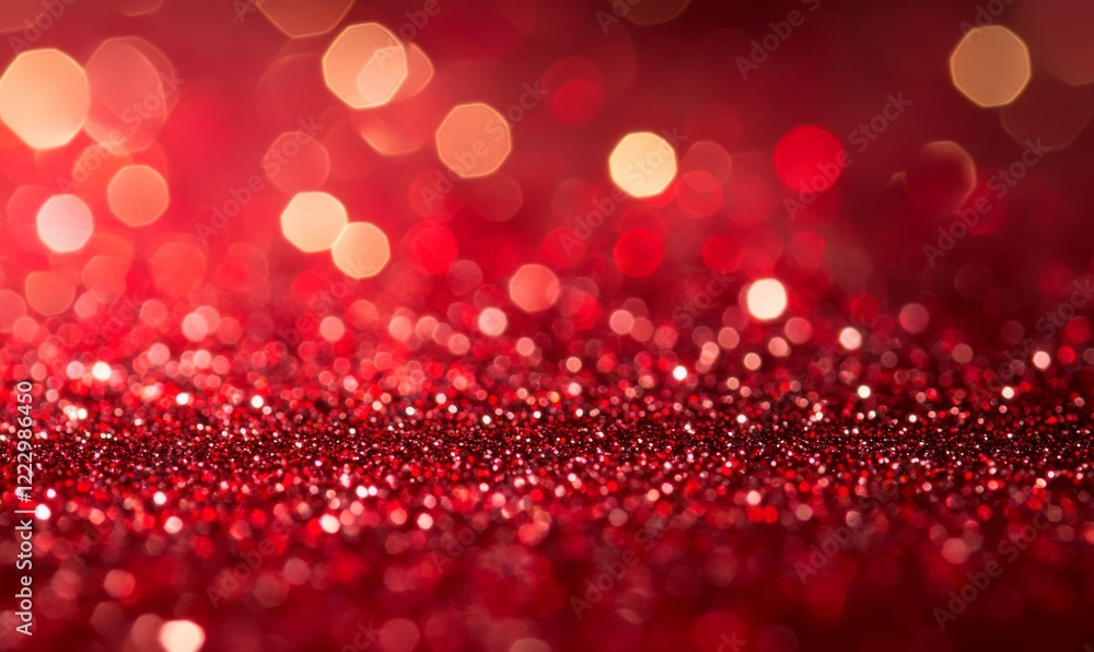 A luxury background of shimmering red glitter with a bokeh effect on a red background.