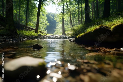 Wallpaper Mural Tranquil forest stream, mossy rocks, lush greenery, immersive low angle perspective, serene atmosphere, gentle water flow, vibrant ecosystem Torontodigital.ca