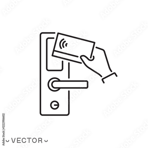 key card icon, closing doors system, for opening door in hotel room, accommodation, vacation, thin line symbol concept isolated on white background, editable stroke eps 10 vector illustration