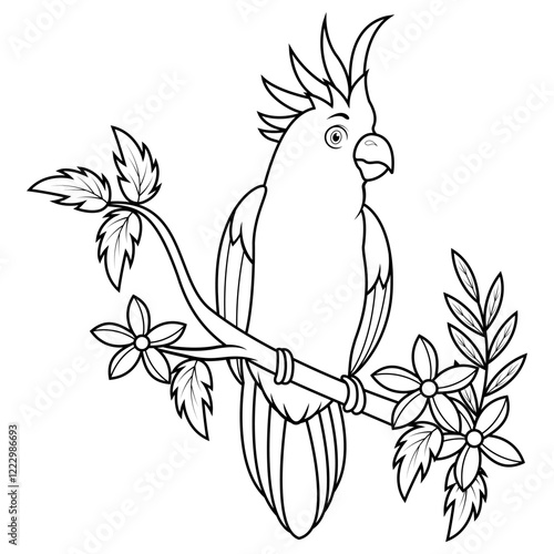 Cartoon cockatoo bird sitting on a tree branch line art